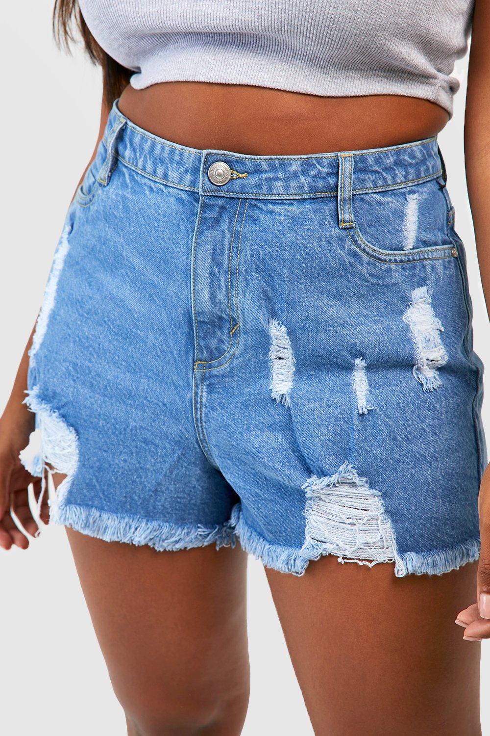 Distressed blue store jean shorts